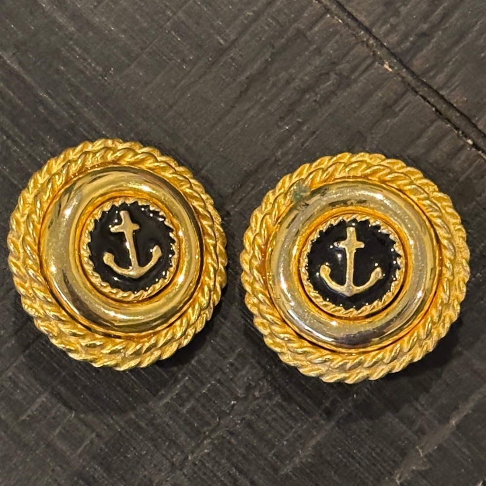 Investments Gold Tone Enamel Anchor Rope Signed Vintage Clip-On Earrings